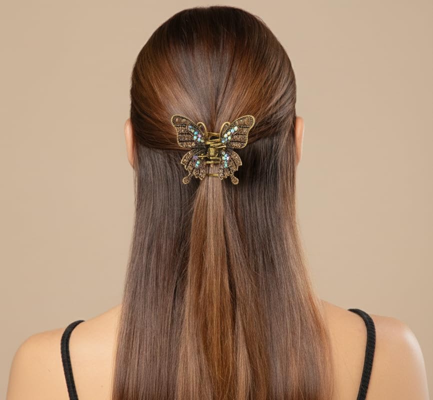 Image of Radhu & Kabby Butterfly Metal Hair Claw Clip Pack | Antique Gold & Black Stone-Styled Claw Clips for Women | Strong Grip Stylish Vintage Butterfly Hair Accessories | Pack of 2
