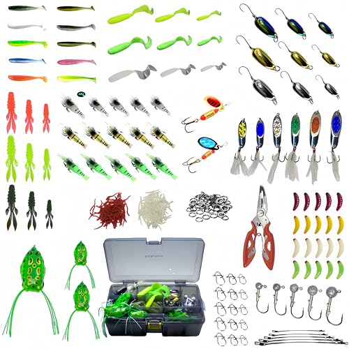 RUIJIAXIANG 365 Piece Fishing Lure Kit Saltwater and Freshwater Soft Baits Set with Jig Heads Pliers Wire Leaders Artificial Worms Sequins Lures Fishing Gifts for Anglers