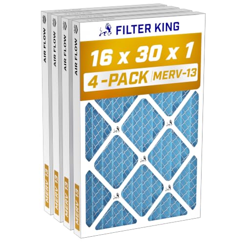 Filter King 16x30x1 Air Filter MERV 13, AC Furnace Filters (4-Pack) | Dust & Allergy Control (Actual Size: 15.5 x 29.5 x .75)