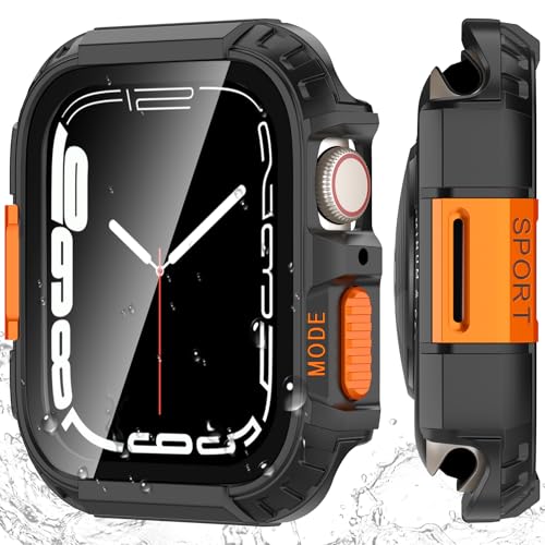 YIJDACASE Rugged Waterproof Case for Apple Watch SE 3/SE 2/SE Series 4 5 6 44mm with Screen Protector Metal & PC Bumper+9H Tempered Glass Stylish Shockproof Men Cover for Sports Black/Orange