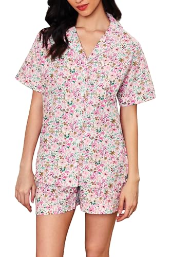 Image of LUBOT 100% Cotton Pajamas for Women 2 Piece PJ Set Poplin Woven Lightweight Ladies Button Short Sleeve Sleepwear S-XXL