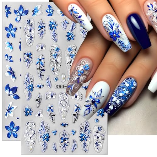 Blue White Petals Flower Nail Stickers for Women Relief Slider Floral Nail Decals for Nail Art Orchids Lily Flowers Nail Art Stickers Spring Summer Flower Sticker Nails Design Nails Accessories