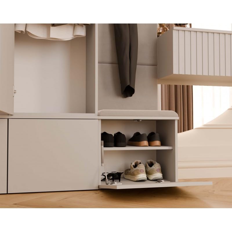 CDF Garderobenschrank Flurschrank mit 1 Tür für Schuhe und Jacken Stauraumschrank mit Kleiderstange - Modern Dielenschrank mit Ober- und Unterschrank für Büro Flur Wohnen – 238 cm Kaschmir