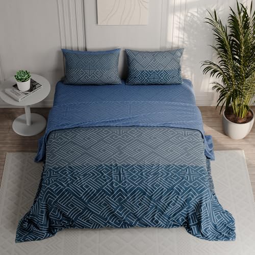 Image of BLISSHOME Everlast 150TC King Size Printed Bedsheet with 2 Pillow Covers for Double Bed, Aesthetic Bedding, Wrinkle Resistant, 100+ Wash Durable, Quick Dry, Geometric Pattern - Teal (228cm x 274cm)