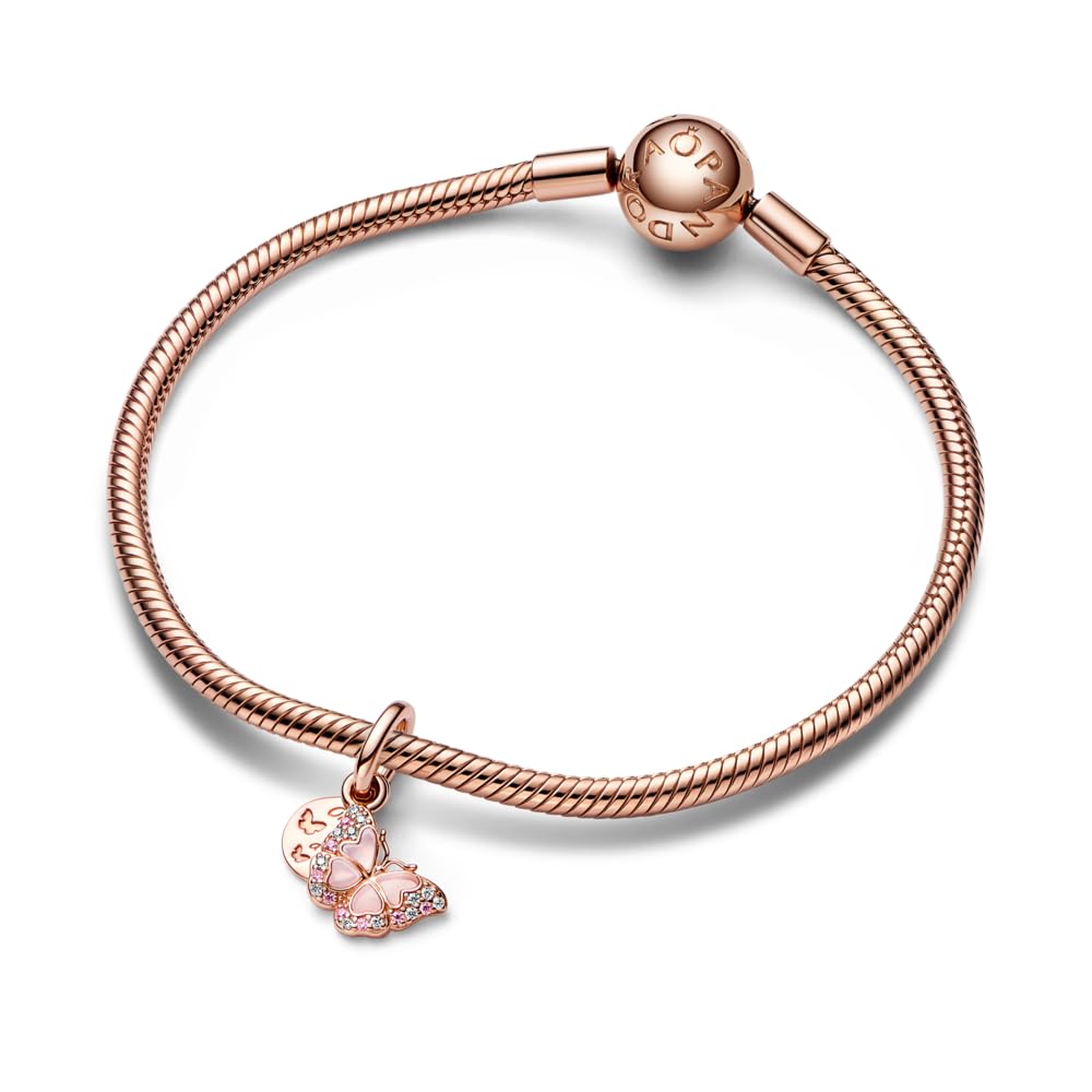 PANDORA Pendente a forma di farfalla Moments, placcato in oro rosa 14 k, con zirconi cubici rosa e trasparenti, plica rosa trasparente smaltata