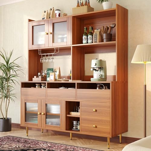 PUGSDRLY Buffet de Cuisine Armoire avec Porte en Verre - Meuble Vaisselier pour Salon et Salle à Manger - Espace de Rangement Multicouche (145x39x171-Brun...