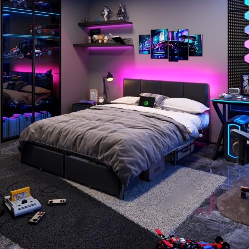 Image of Furnulem Queen Bed Frame with PU Upholstered Headboard and Charging Station | Metal Platform Bed with 2 Fabric Underbed Storage Drawers and LED Lights, Noise Free, No Box Spring Needed, Black, PU Leather
