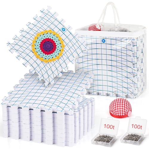 Reessy Blocking Mats for Knitting 9 Pack Knitting Blocking Mats and T Pins 200pcs Large Crochet Blocking Board Thick Interlocking Foam Blocking Board for Crochet with Storage Bag and Pin Cushion
