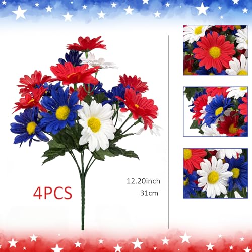 Image of 4 Bunches Memorial Day Flowers for Cemetery 15 inch Red White and Blue Artificial Flowers Faux Daisies Silk Flowers for 4th of July Table Decorations Indoor Outdoor