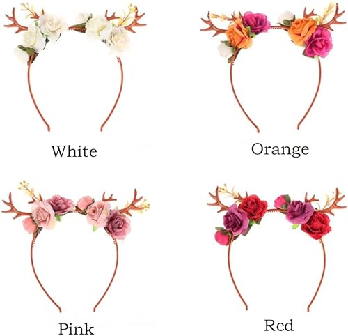 Miniatura 5 de Wiwpar Diadema con cuernos para el cabello, aro de corona de flores, diadema floral, diadema para festivales de Navidad, lindos ciervos, accesorios