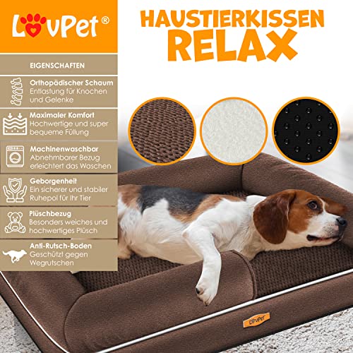 Lovpet® Orthopädisches Hundebett Hundekissen Hundekorb Relax, Inkl. Napf + 3X Kauknochen, Hundesofa für Kleine, Mittelgroße & Große Hunde, Bezug abnehmbar und waschbar, 91x71x22cm Braun