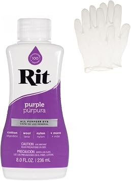 Rit Dye Liquid Fabric Dye for Crafting, Clothing, and Decor 8 oz. Bottle Purple Gloves Included