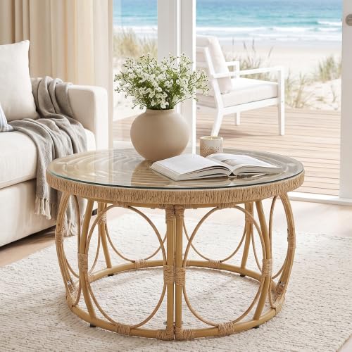 DAYARUS Small Round Rattan Coffee Table, Wicker Coffee Table Indoor Natural | Boho Coffee Tables for Living Room, 27" Glass Top with Lightweight Aluminum Base, Woven Rattan, Sumroom/Balcony/Apartment