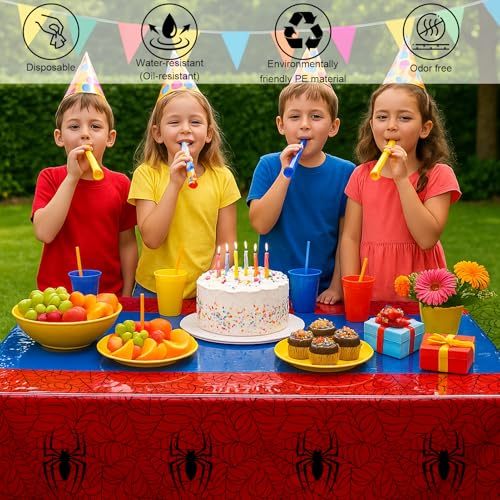 Image of 3-Pack Spider Theme Tablecloths - 54x108 Inch Disposable Plastic Table Covers for Birthday & Halloween Parties, Red & Blue Web Design Decorations for Little Ones, Adults, Indoor /Outdoor Event