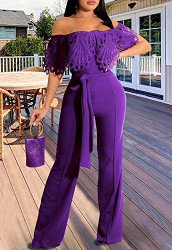 Image of Off Shoulder Jumpsuit for Women High Waist Wide Leg Long Pants Jumpsuits