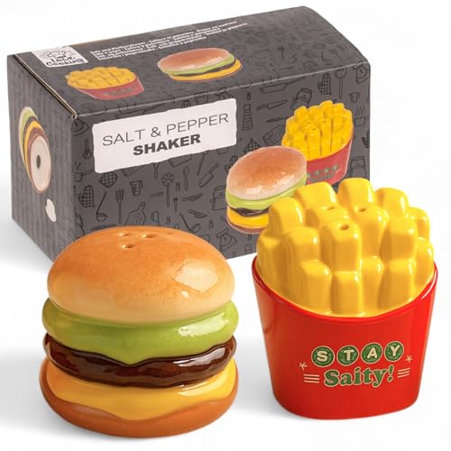 MIJOMA Juego de salero y pimentero - Elegante diseño de porcelana, apto para alimentos, fácil de rellenar, varios diseños divertidos y lindos a elegir (hamburguesas y patatas fritas, 2 piezas)