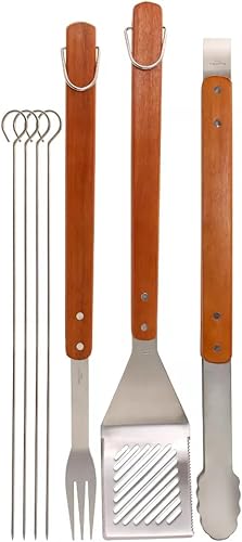 Juego de herramientas para parrilla de barbacoa de acero inoxidable con 7 utensilios, incluye espátula, pinzas, tenedor plateado