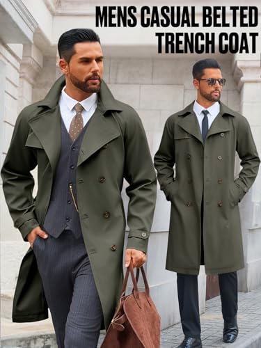 Image of Runcati Mens Trench Coat Double Breasted Notched Lapel Casual Belted Windbreaker Fall Classic Long Jacket Overcoat