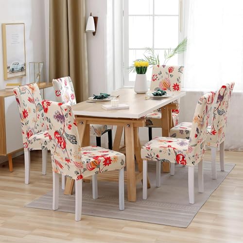 Image of Styleys Chair Covers for Dining Room, Stretch Dining Chair Cover, Washable Spandex Kitchen Chair Slipcovers (Set of 6, Red Leaves, SD3219)