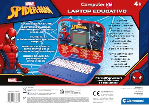 Clementoni - Computer Kid Spiderman Laptop Educativo Bambini 4+ Anni, 30 Attività Educative, Gioco Elettronico Per Imparare Lettere, Numeri, Musica E Logica, Batterie Incluse, Lingua Italiana, 16481 - 3