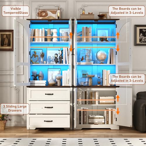 Image of 75 inch Tall Farmhouse Kitchen Pantry Cabinet with LED Lights,4 Doors Wood Storage Cabinet w Arched Glass Doors /Drawers,Pantry Organizers and Storage,Rustic Wood Cupboard for Kitchen,Dining Room(White)