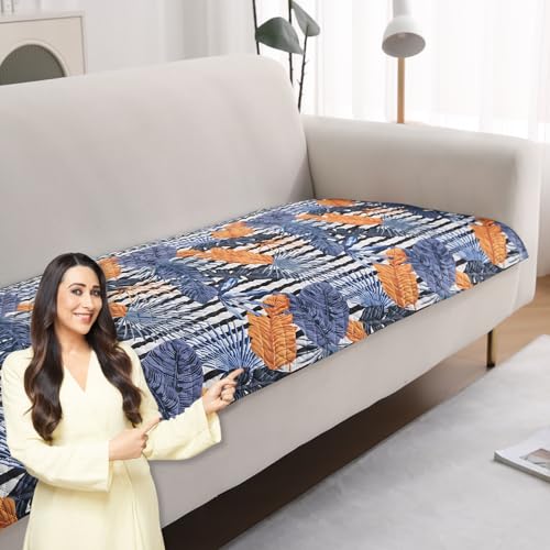Image of HOKIPO 'LiefNest' Holland Velvet Sofa Cover Mat with Foam Filling for 1 /2 /3 Seater & L-Shape Sofa. Make Your Own Sofa Cover Set, Mat Size: 170(L) cm, Tropical Leaves Dusk Blue (IN-824-D5)