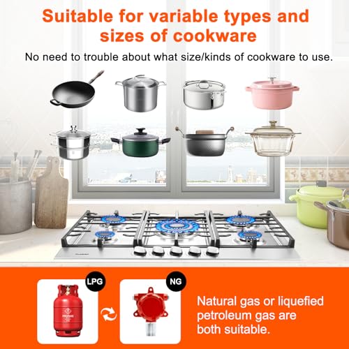 Gas Cooktop Stove 30 Inch Built-in Gas Stove Top with 5 Burners 35900 BTU,LPG/NG Dual Fuel,Auto Ignition,Thermocouple Protection,Stainless Steel,Heavy Duty Cast Iron Grates for Kitchen