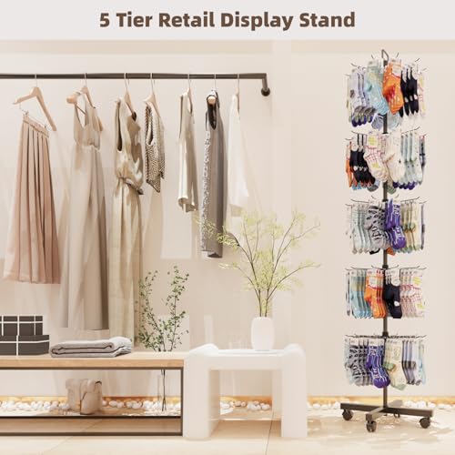 Image of Retail Display Racks 5 Tier Spinning Display Stand, Movable Shop Spinner Rack with Hooks, Retail Display Stand for Jewelry Keyring Hats Socks Toys (Black)