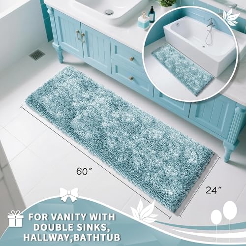 Image of Yimobra Long Bathroom Rugs Runner 60x24 Inch, Extra Thick Soft Absorbent Chenille Bath Mat, Non Slip Machine Washable, Quick Dry Bath Rugs for Bathroom Floor, Tub and Shower, Greyish Blue