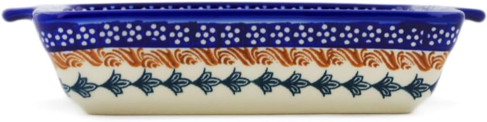 Polmedia Polish Pottery Rectangular Baker with Handles - Blue Cornflower Pattern Handmade in Boleslawiec Poland by Ceramika Bona + Certificate of Authenticity