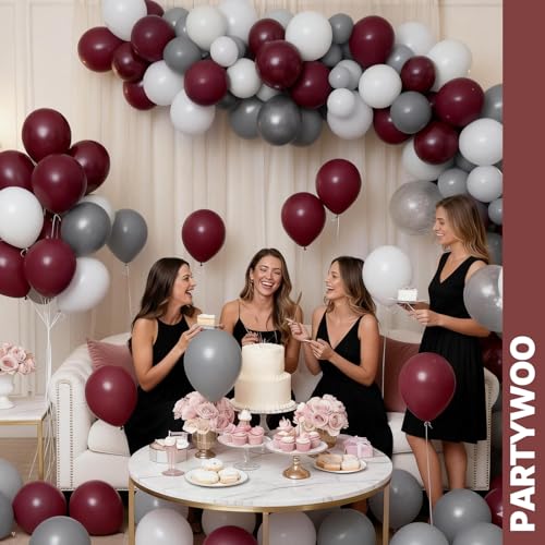 Image of PartyWoo Burgundy White and Gray Balloons 66pcs 12 Inch Burgundy Maroon White Grey Balloons for Graduation Baby Shower Birthday New Year's Eve Anniversary Bachelorette Retirement Party Decorations