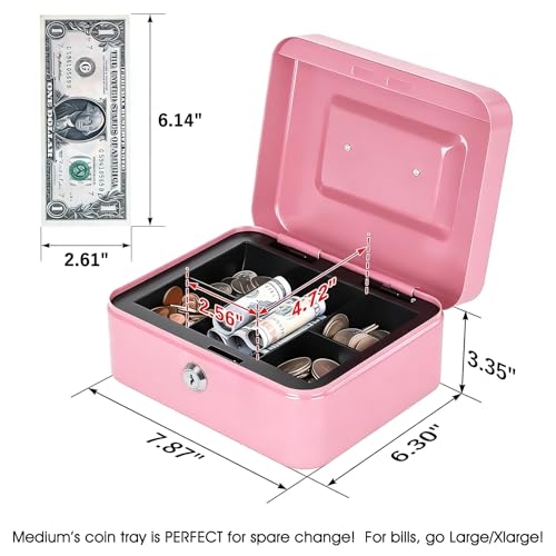 Image of Kyodoled Medium Cash Box with Money Tray,Small Safe Lock Box with Key,Cash Drawer,7.87 inchx 6.30 inchx 3.54 inch Pink Medium