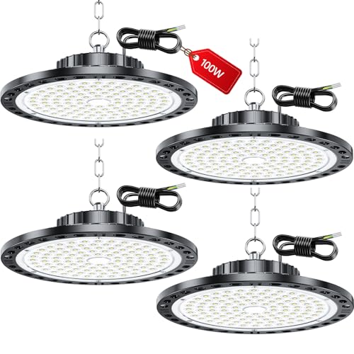 LAMLAMCK UFO Focos LED Techo - 4 Piezas 100W 10000LM Lampara Industrial Techo con Transformador LED, IP65 Impermeable 6500k Blanco Frío Luces de Garaje para Garaje, Fábrica, Taller, Granero, Tienda
