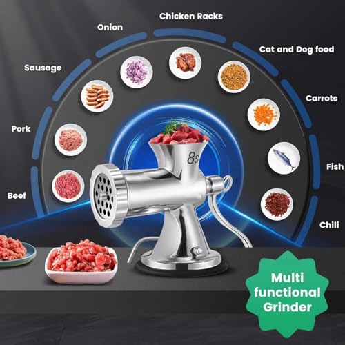 Picadora manual de carne, picadora de carne de acero inoxidable con platos, manivela sin esfuerzo para carne molida fresca, salchichas, comida para mascotas, compacta, apta para lavavajillas