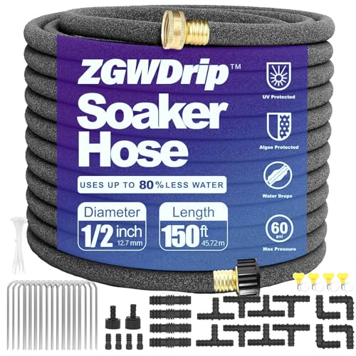 ZGWDrip 150FT 1/2 Water-Saving Soaker Hose with Solid Brass Connectors Drip Irrigation Kit for Lawn & Landscaping with Metal Ground Stake & Accessory Kit