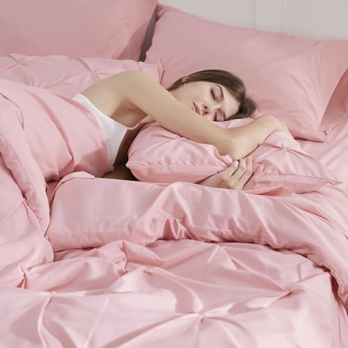 Image of Bedsure Queen Comforter Set Baby Pink - Bed in a Bag Queen Size Bedding 7 Pieces, GentleSoft Pintuck Bed Set Gift for Family, All Season Down Alternative Comforter with Sheets, Pillowcases & Shams