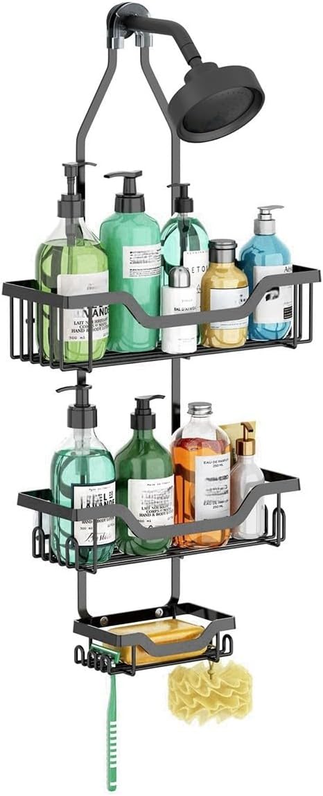FABULETTA Shower Head Holder with 3 Baskets & 12 Hooks, Bathroom Organizer Rack for Toiletries Storage, Hollow Drainage Design, Space-Saving Hanging Sh