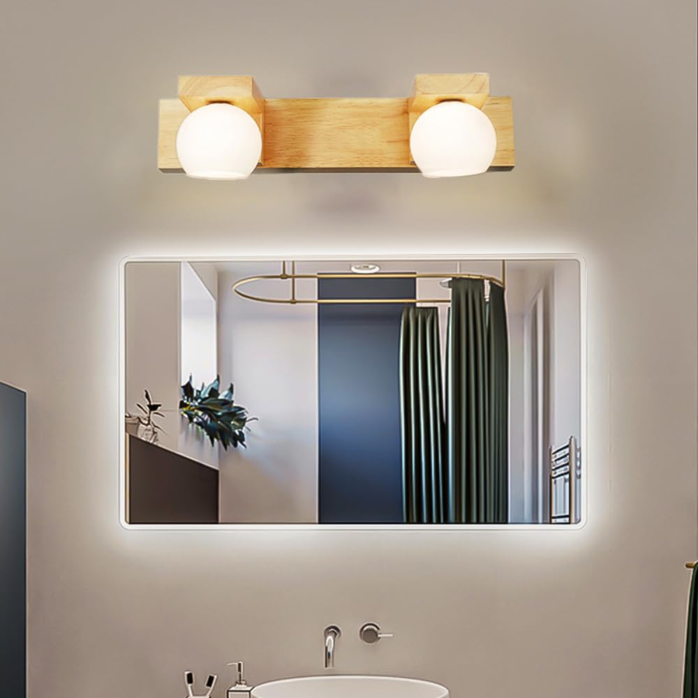 XINYASEE Aplique de pared de baño de madera LED Espejo de baño moderno Faro G9 con pantalla de cristal Iluminación de maquillaje de madera impermeable Luz de noche cálida (Doble extremo)