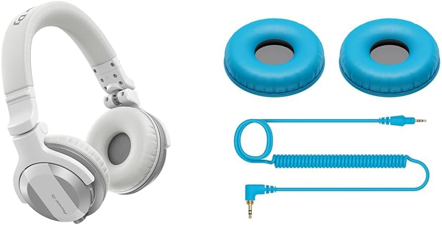 Pioneer DJ HDJ-CUE1BT On-Ear Bluetooth DJ Headphone Bundle - White Headphones, Blue Ear Pads and Cord