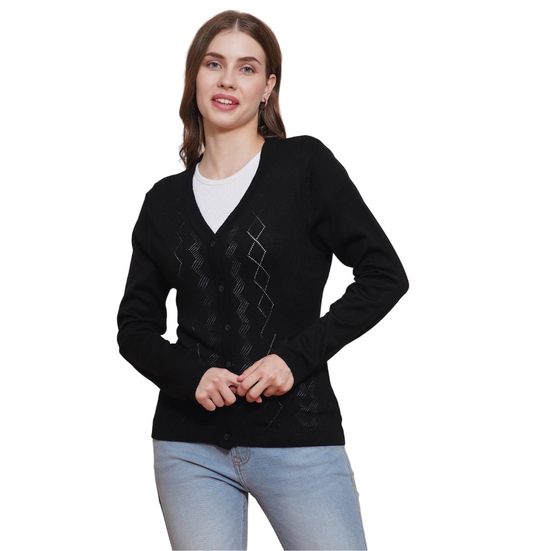 Women V-Neck Full Sleeves Self Design Ribbed Hem Cardigan Sweater-image-32