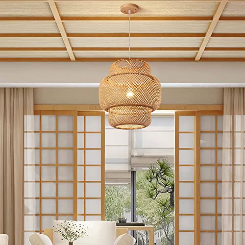 Lampe suspendue rustique en bambou tissé avec douille E27 pour décoration de maison