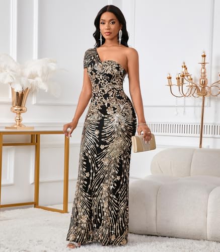 Image of Cololura Women Sexy Sequin One Shoulder Mermaid Formal Party Cocktail Gowns Bodycon Evening Maxi Dress