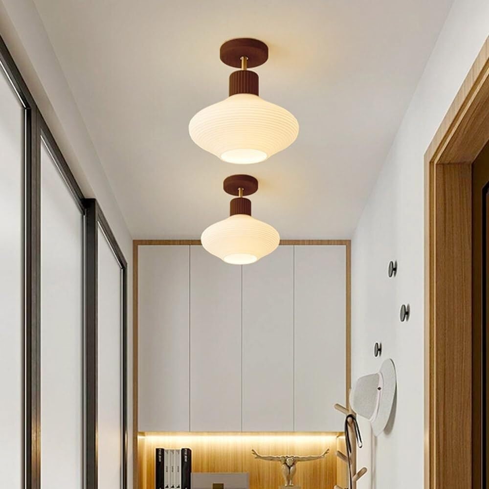 Nowoczesna minimalistyczna lampa sufitowa z naturalnego kamienia żółtego i półwbudowanego drewna orzechowego o kompaktowym cylindrycznym designie idealna do sypialni, korytarza, kuchni, loftu