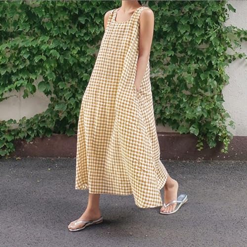 Image of chouyatou Women's Summer Casual Loose-Fit Cotton Plaid Tank Maxi Dress with Pockets Boho Beach Sundress