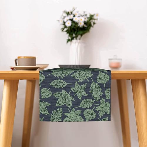 Image of HOME COLORS.IN Cotton Ribbed Maple Leaf Green Table Runner - Machine Washable - Durable - Dining Table Runner - 14 x 50 Inch - Schist Green