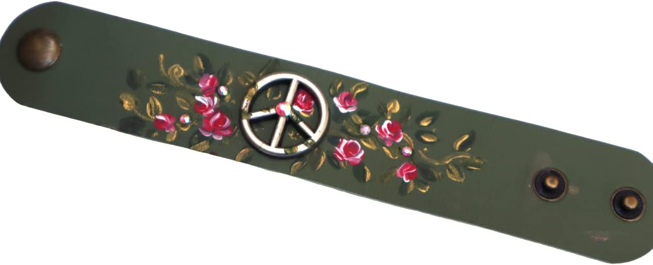 Adjustable Wide Olive Green Silver Peace Sign Stud Leather Cuff Bracelet with Artist Hand Painted Pink Roses Romantic Boho Jewelry