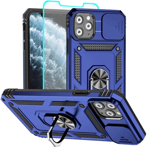 Aozuoton for iPhone 11 Pro Case with Screen ProtectorDual Layer Military Grade Drop Protection Magnetic Ring Kickstand - Camera Lens Protective Phone Case for iPhone 11 Pro blue