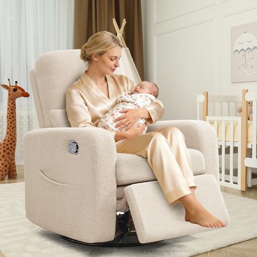 Image of Swivel Rocker Recliner, Oversized Manual Boucle Nursery Glider Rocking Recliner Chair with Removable Cushion, Upholstered Teddy Swivel Reclining Chair for Nursery Living Room Bedroom, Apricot