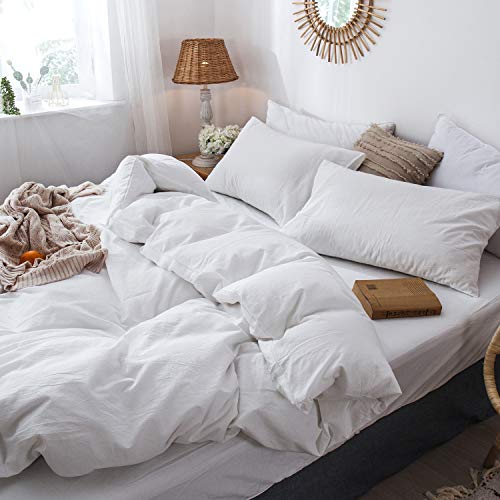 Moomee Bedding Duvet Cover Set 100% Washed Cotton Linen Like Textured Breathable Durable Soft Comfy (Off White, Queen) #TOP2