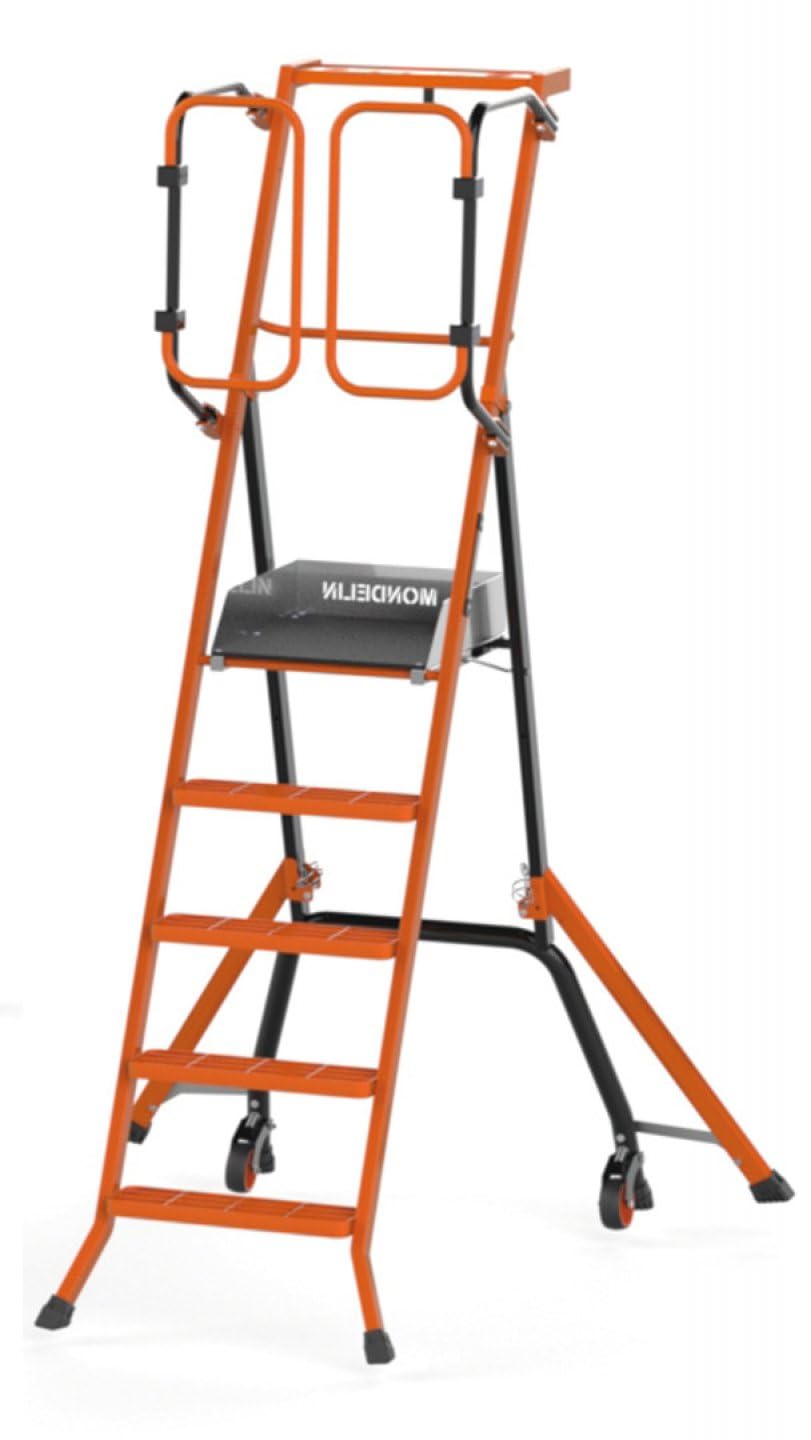 Mondelin - Escabeau sécurisé PIRL Gardia 110 cm avec portillons automatiques - Plateforme 50x45 cm - Revêtement Anti-dérapant - Roues sur Ressort facilite Le déplacement - Marches moulées en alu